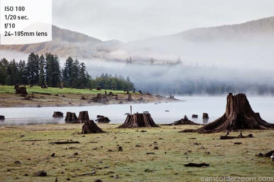 FIGURE 5.19 This image has a distinct foreground (tree stumps), middle ground (water/trees), and background (mountains/sky).